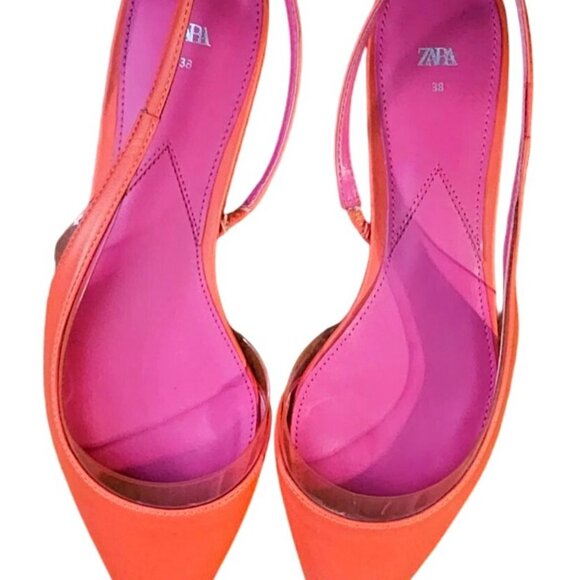 Zara Orange & Pink Pointed Toe Womens Slingback Flats Size 38 - Picture 2 of 8
